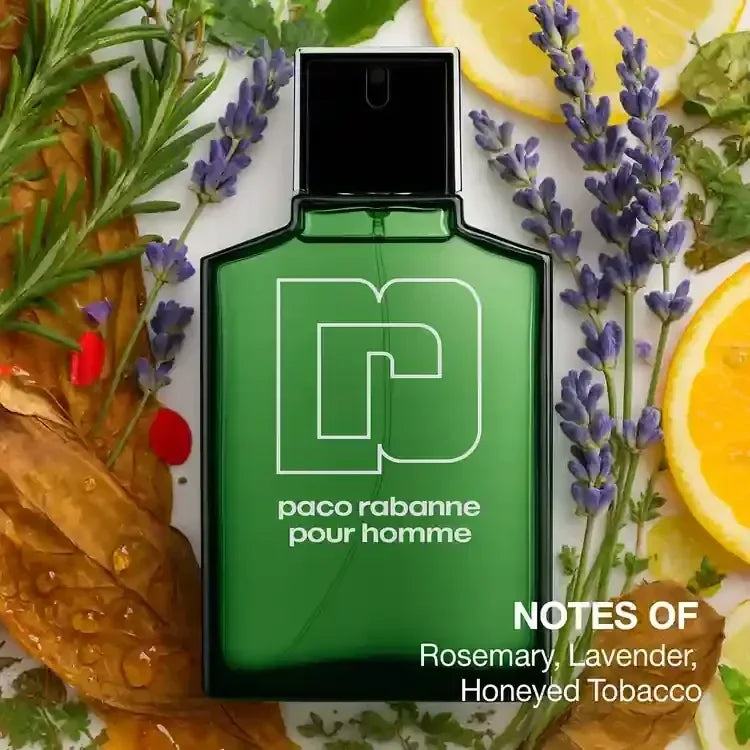 Paco Rabanne Pour Homme Eau de Toilette fragrance bottle with rosemary, lavender, citrus