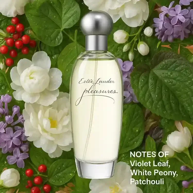 Estée Lauder Pleasures Eau de Parfum fragrance bottle with floral background