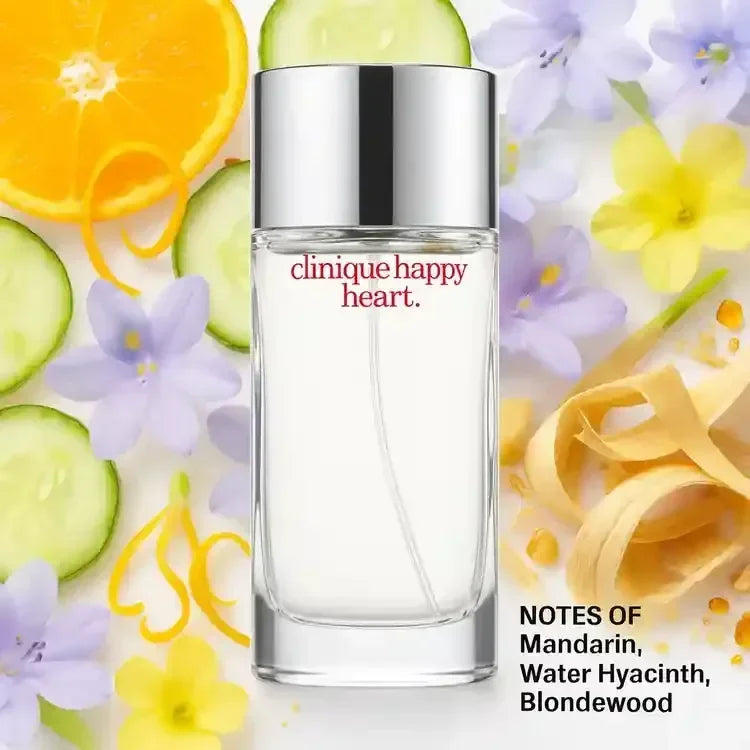Clinique Happy Heart Eau de Parfum fragrance bottle with orange, cucumber, and flowers