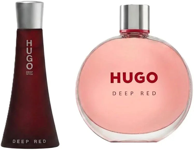 Hugo Deep Red fragrance shown in two bottles: a dark red tapered bottle on the left and a round pale pink bottle on the right, both with silver caps on a white background.
