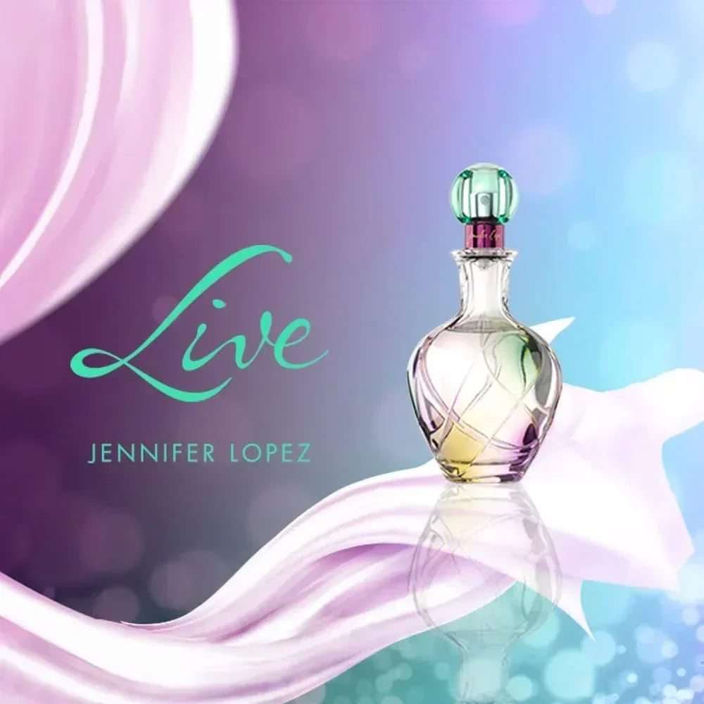 Jennifer Lopez Live Eau de Parfum 100ml fragrance bottle on reflective surface with soft pink and blue background