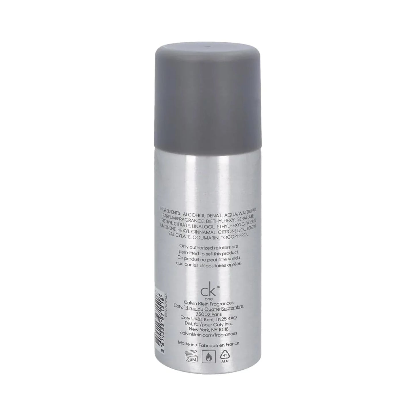 Calvin Klein CK One fragrance bottle with silver design and grey cap