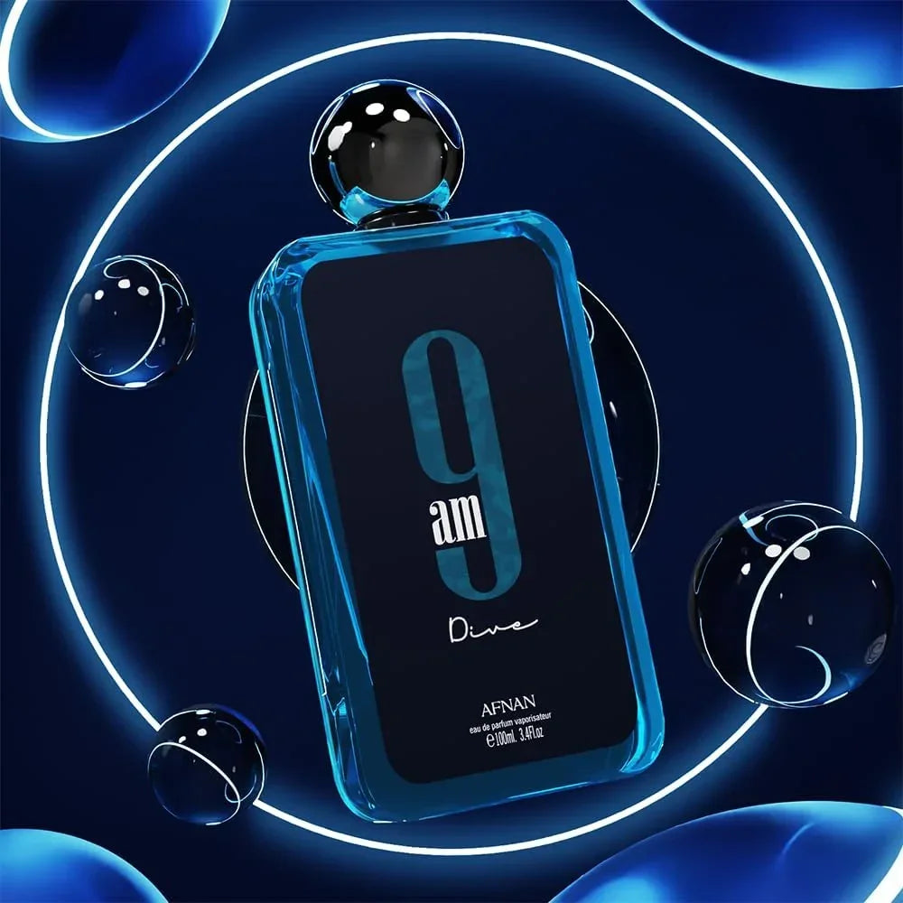 AFNAN 9 AM Dive eau de parfum 100ml fragrance bottle with blue glass and black cap