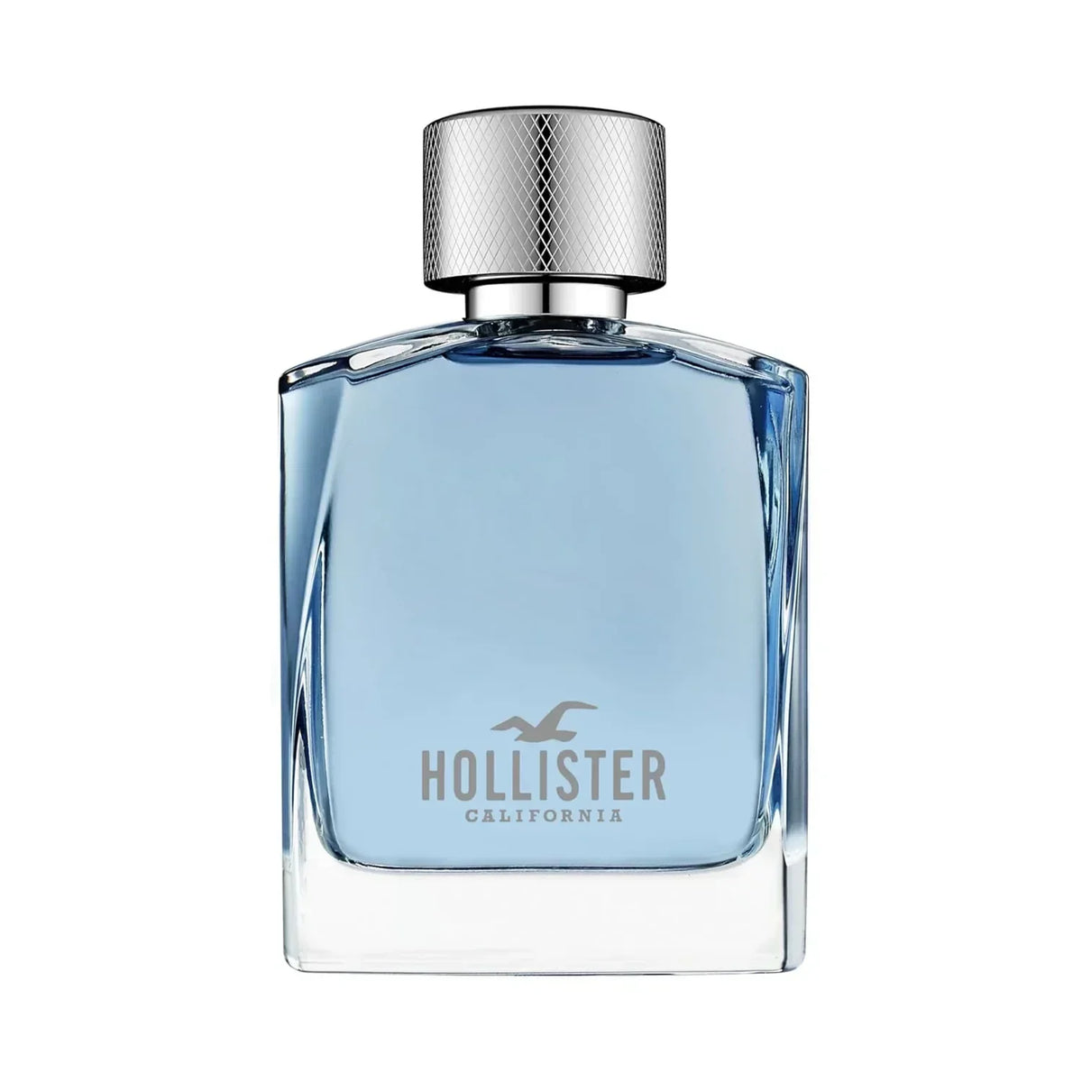 Hollister California fragrance bottle with blue liquid and silver cap