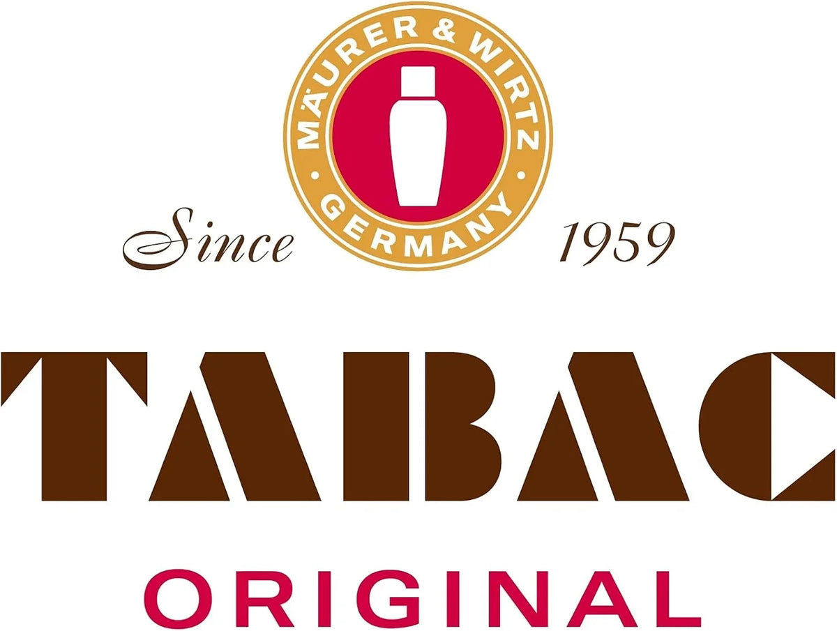 Maurer & Wirtz Tabac Original logo on a white background, featuring a circular gold and red emblem with a bottle icon, the words 'Since 1959', and large brown 'TABAC' text with 'ORIGINAL' in pink below.
