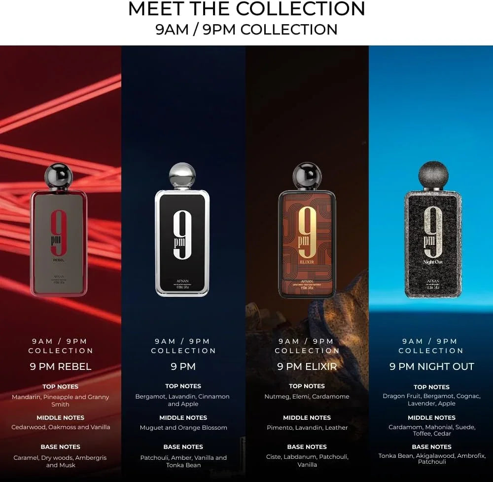 A promotional graphic for a fragrance collection showing four perfume bottles side by side under the heading 'MEET THE COLLECTION 9AM / 9PM COLLECTION'. The bottles are labeled 9 PM Rebel, 9 PM, 9 PM Elixir, and 9 PM Night Out, with scent notes listed below each.