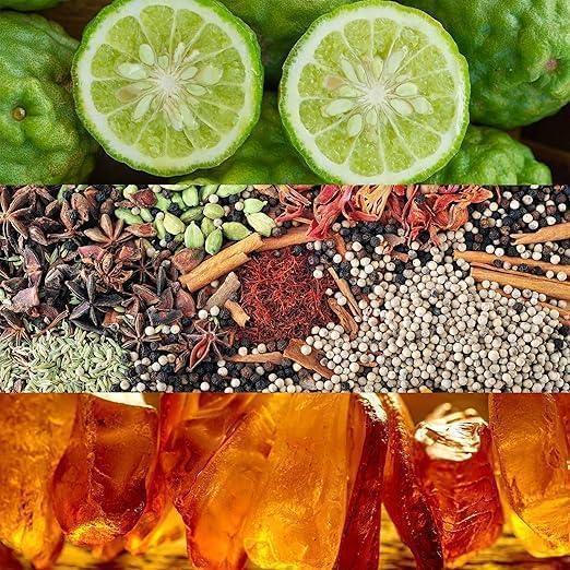 Lime slices, spices, and amber resin ingredients for fragrance creation