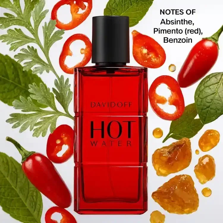 Davidoff Hot Water Eau de Parfum 100ml fragrance bottle with red pepper and herb visuals