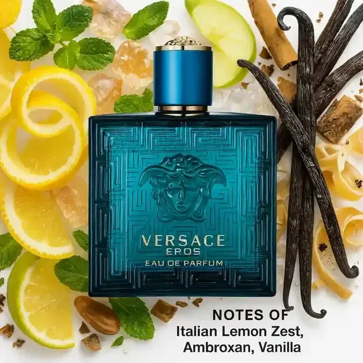 Versace Eros Eau de Parfum bottle with lemon, vanilla, mint, and cinnamon accents