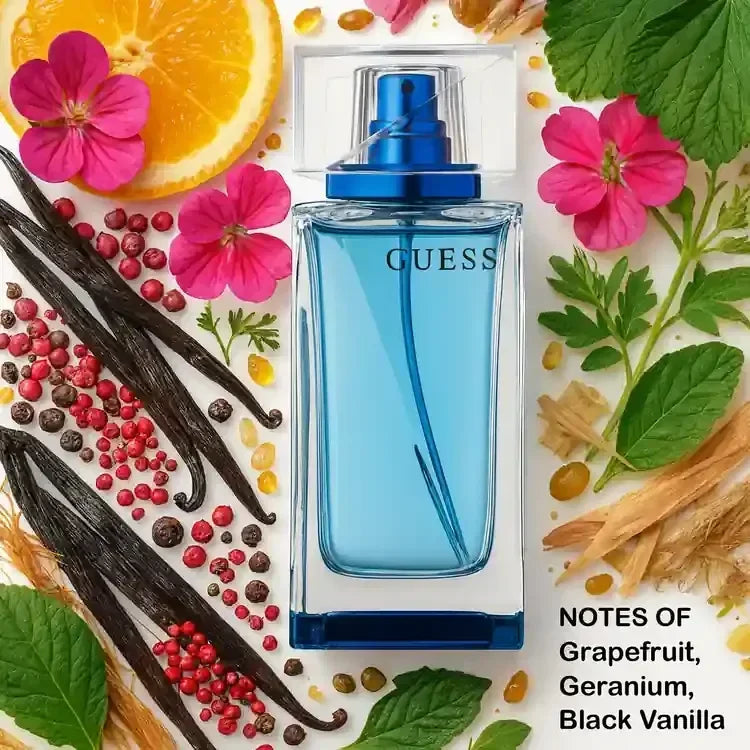 Guess perfume bottle with grapefruit geranium black vanilla notes visible