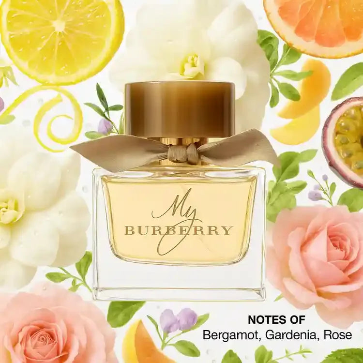 My Burberry Eau de Parfum fragrance bottle with floral citrus background