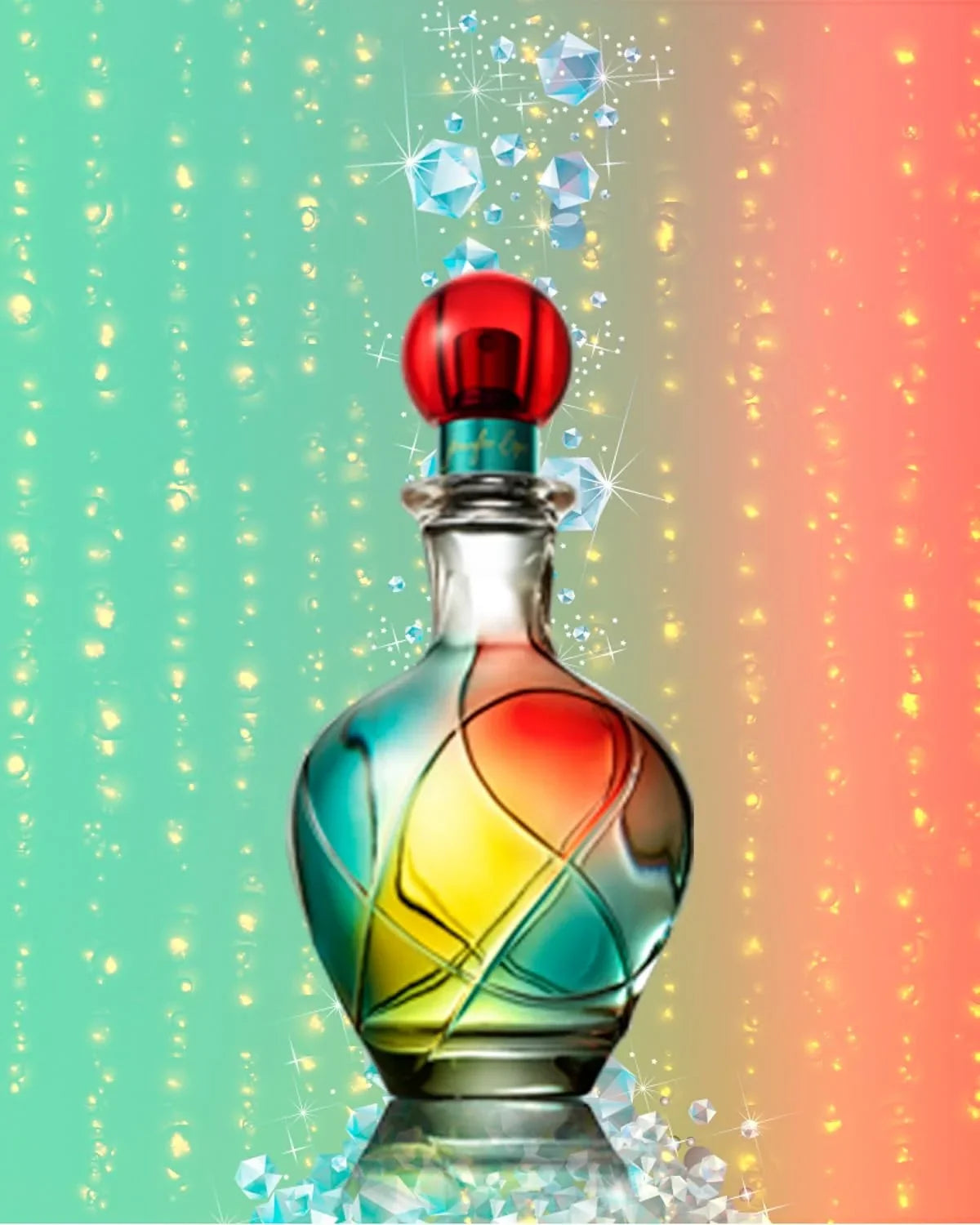 Colorful glass bottle with a red cap on a gradient background