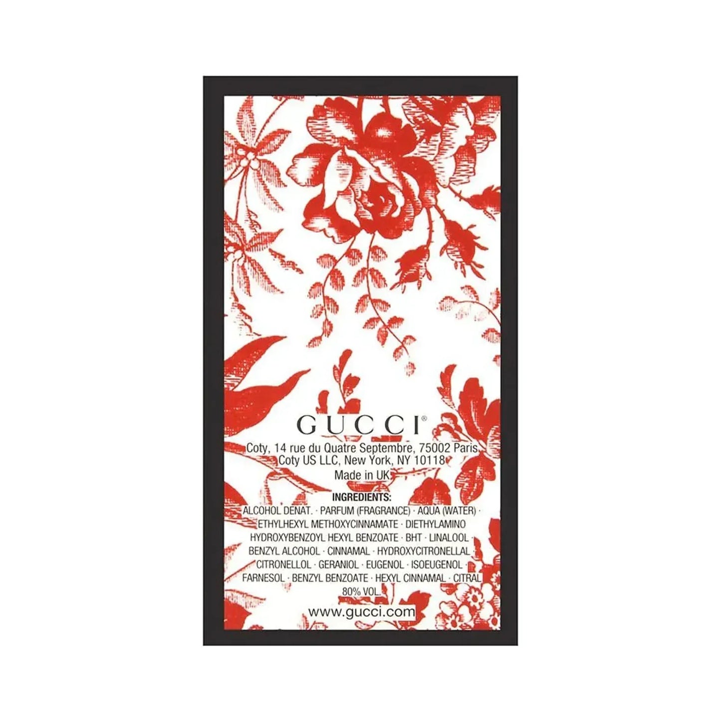 Gucci fragrance label with red floral design and ingredient list