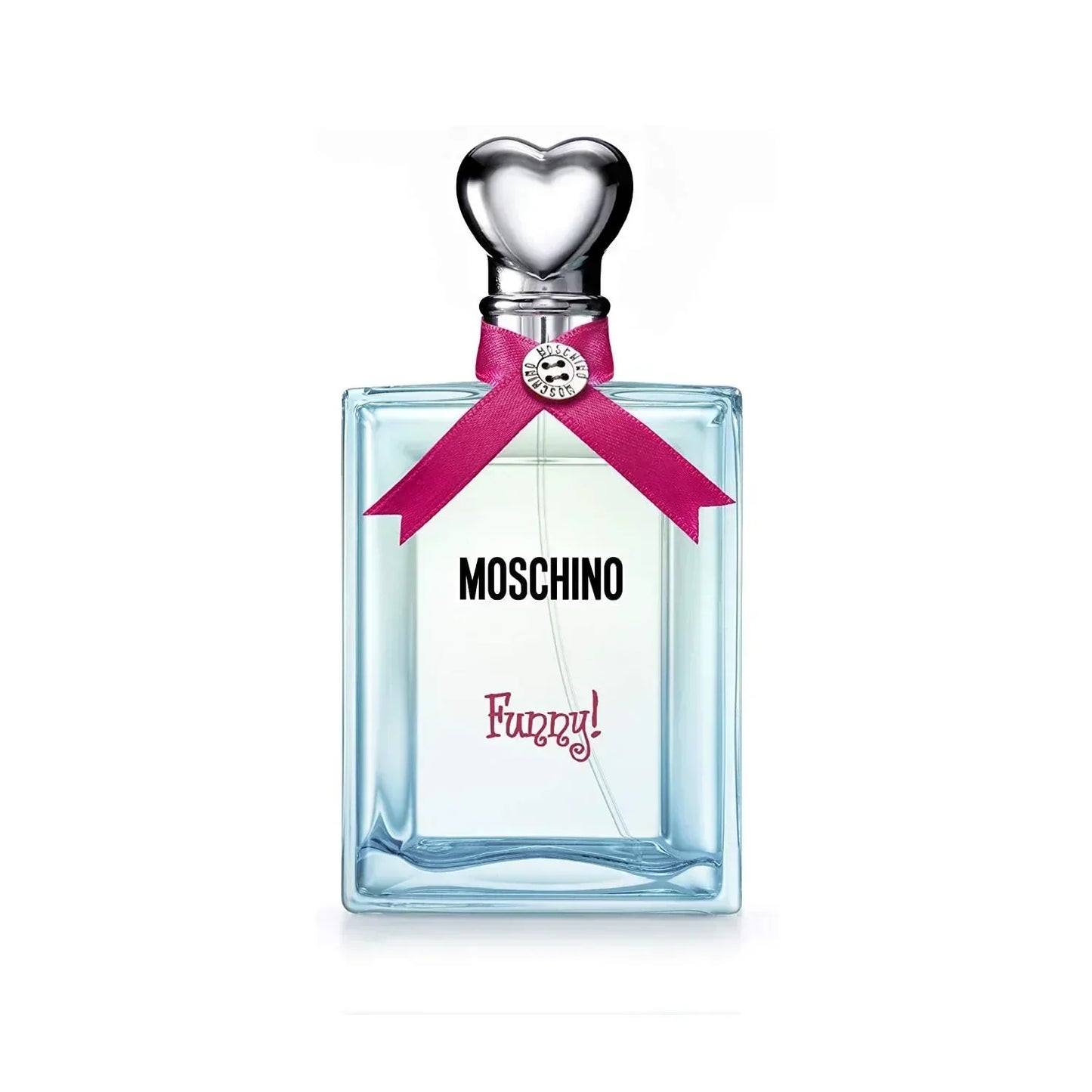 Moschino Funny! Eau de Toilette 100ml fragrance bottle with heart cap and pink ribbon