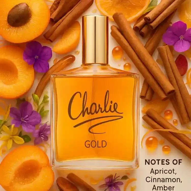 Charlie Gold Eau de Toilette 100ml fragrance bottle with apricot cinnamon amber notes