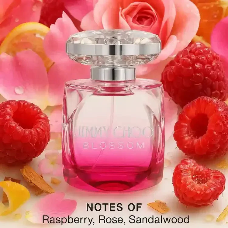 Jimmy Choo Blossom Eau de Parfum fragrance bottle with raspberries and roses