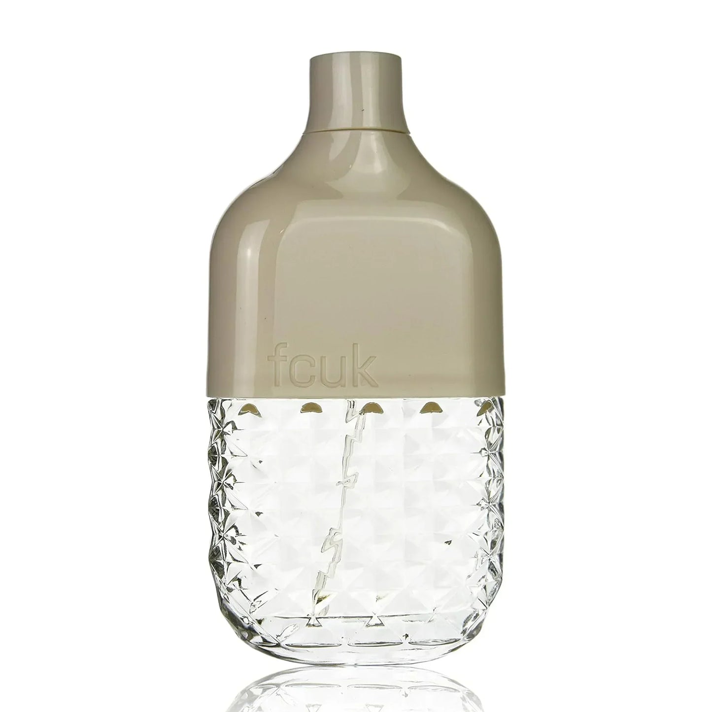 fcuk fragrance bottle with textured glass base and beige cap