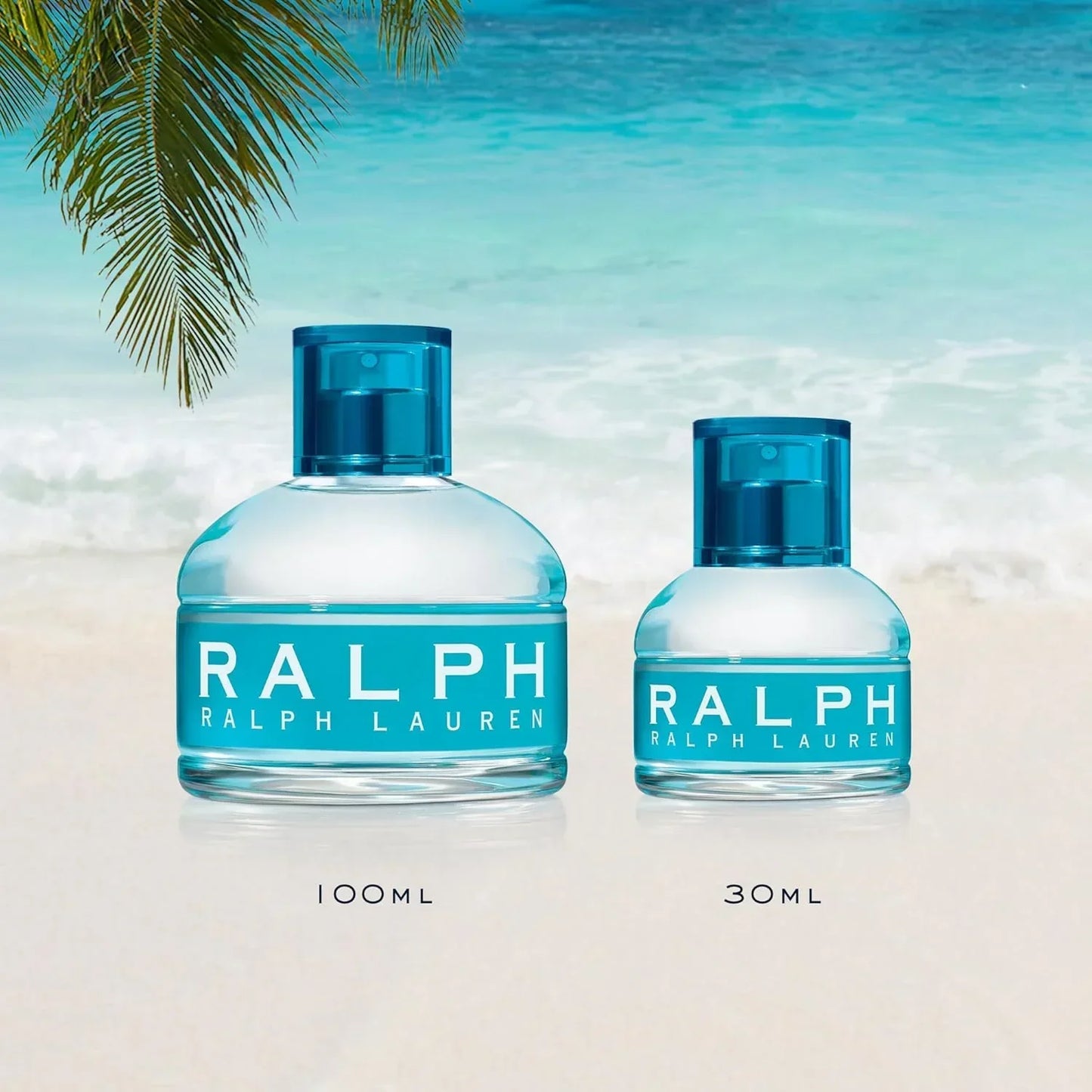 Ralph Lauren Ralph fragrance bottles 100ml and 30ml on beach backdrop