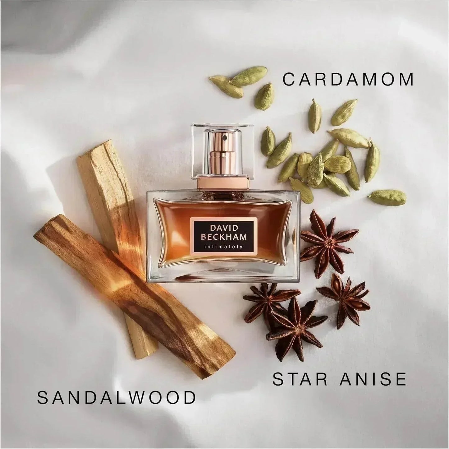 David Beckham Intimately fragrance bottle with sandalwood, cardamom and star anise