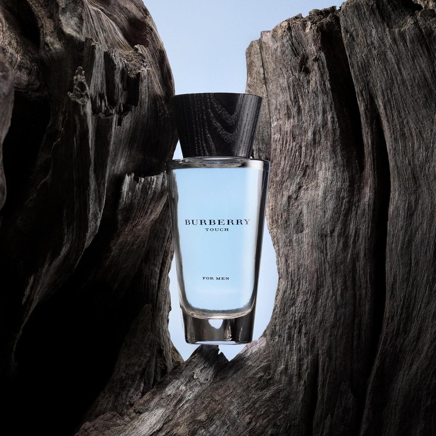 Burberry Touch for Men Eau de Toilette fragrance bottle nestled in weathered driftwood