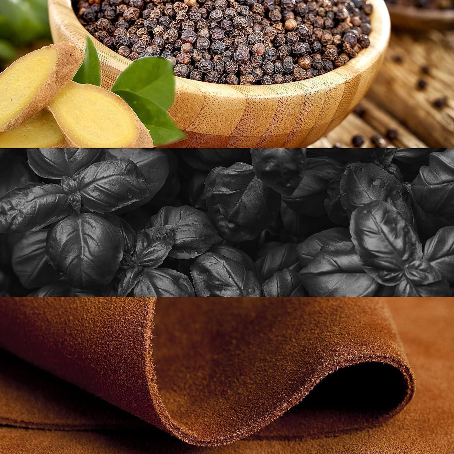 Black pepper, ginger, basil and suede texture ingredients collage