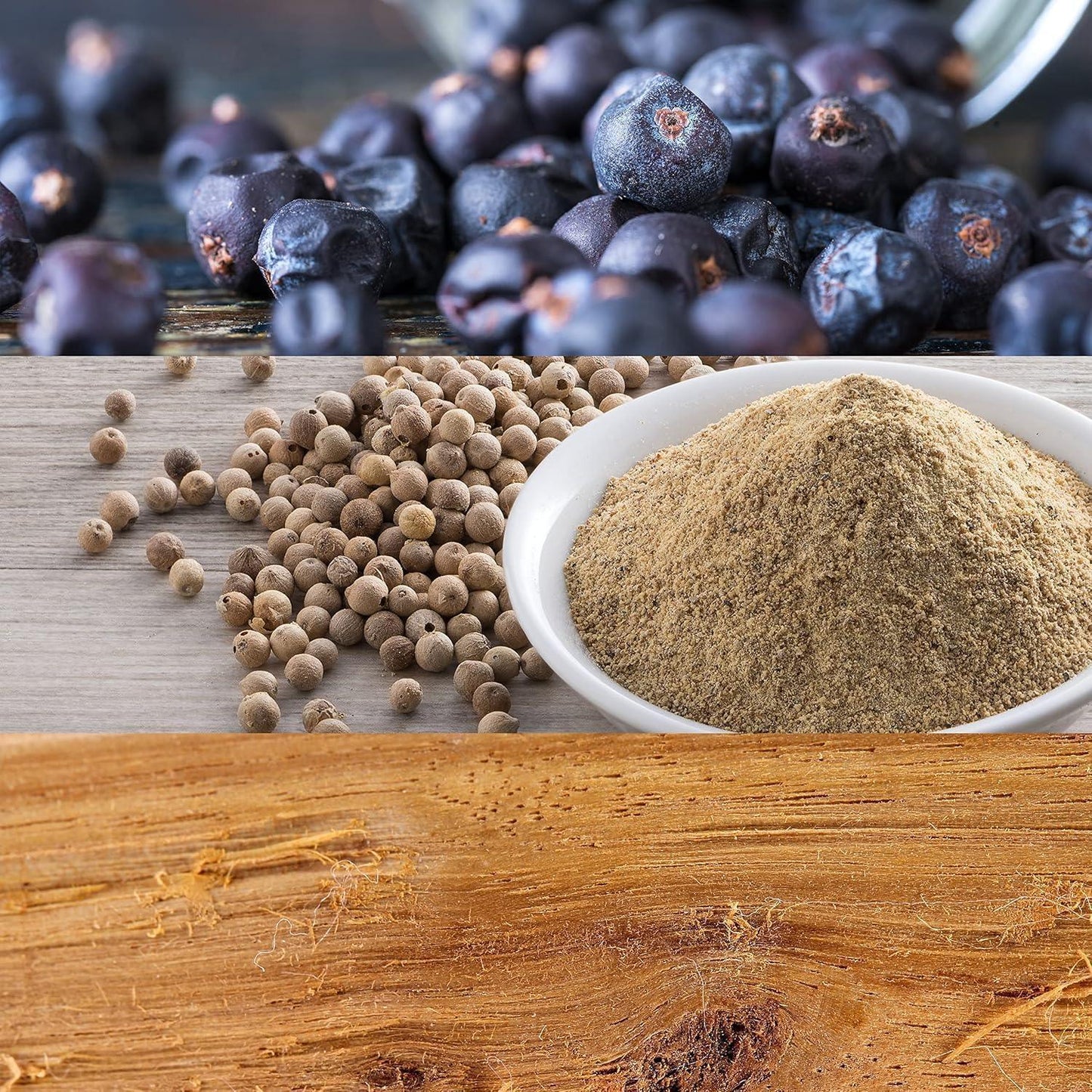 Juniper berries, white peppercorns and ground spice on wooden surface