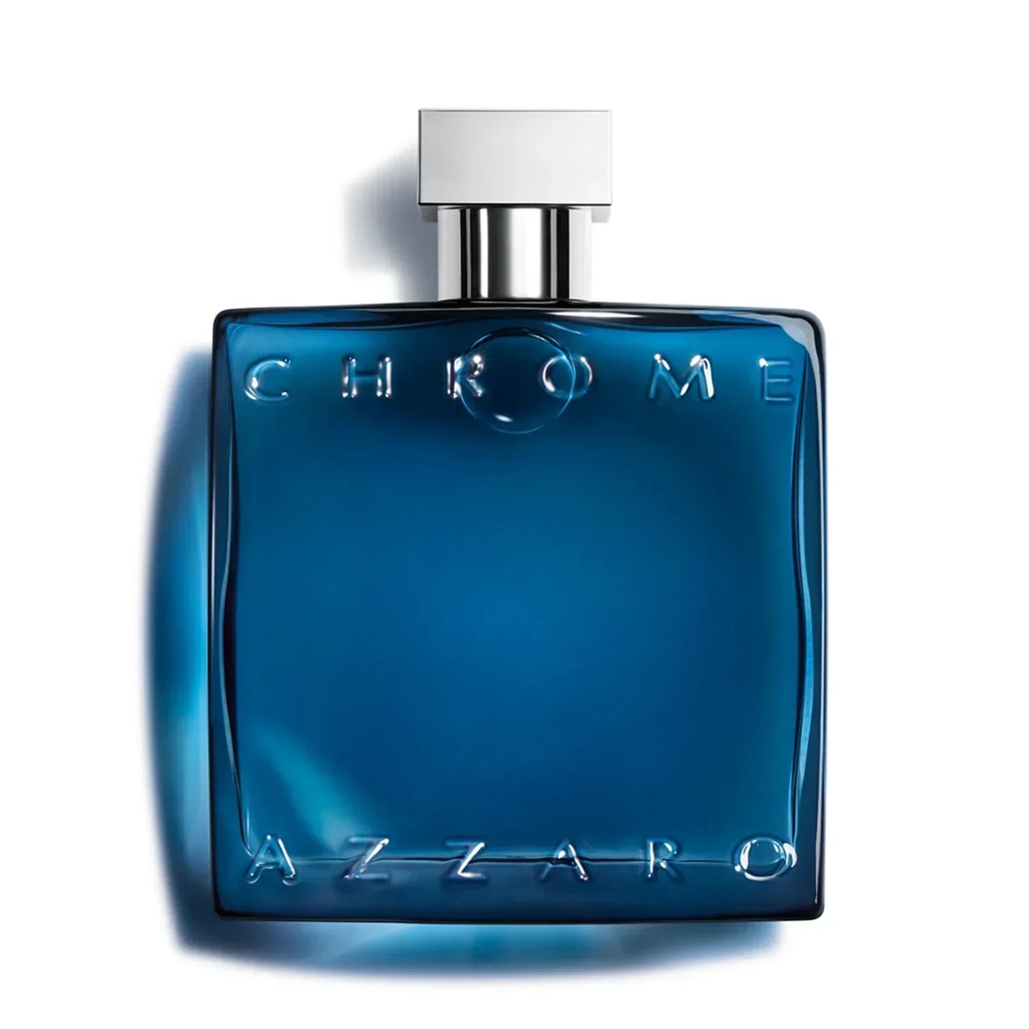 Azzaro Chrome Eau de Toilette 100ml fragrance bottle with blue glass and silver cap