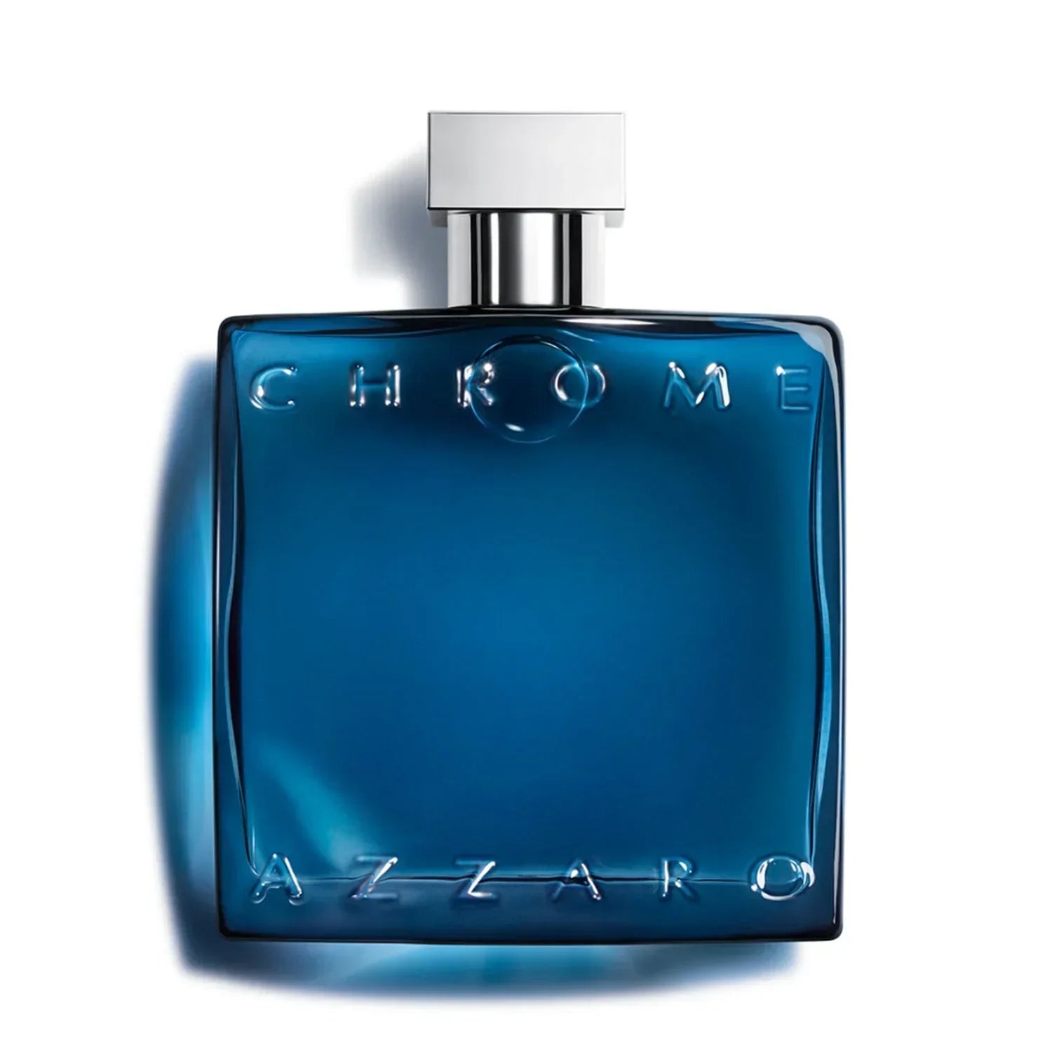 Azzaro Chrome Eau de Toilette 100ml fragrance bottle with blue glass and silver cap