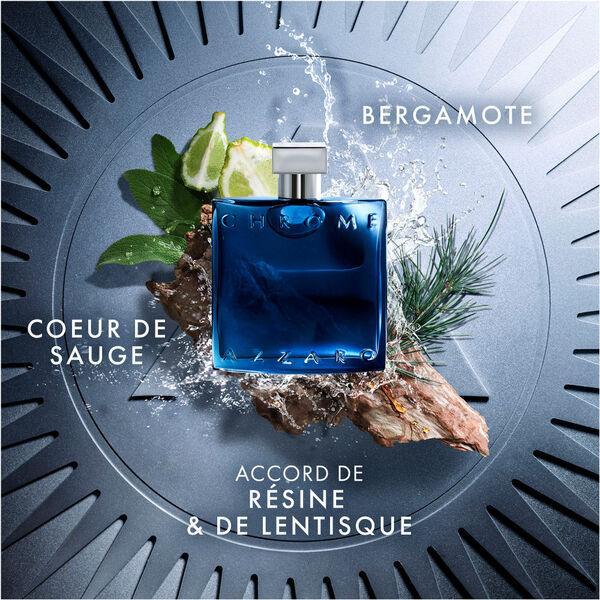 Azzaro Chrome fragrance bottle with bergamot and pine accents on textured surface
