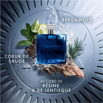 Azzaro Chrome fragrance bottle with bergamot and pine accents on textured surface