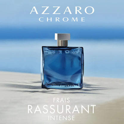 Azzaro Chrome Intense Eau de Parfum 100ml fragrance bottle on sandy beach