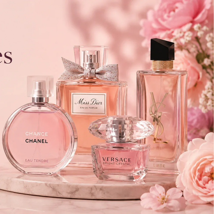 Chanel Chance Eau Tendre, Miss Dior, Versace Bright Crystal, YSL Libre fragrance bottles with pink floral backdrop