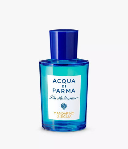 Acqua di Parma Blu Mediterraneo Mandarin di Sicilia perfume bottle, featuring a translucent blue glass body with a white label and a dark blue cap, set against a clean white background.