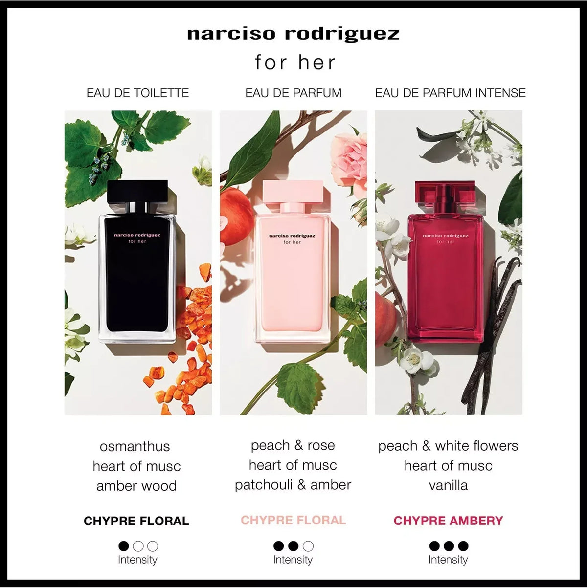 A Narciso Rodriguez 'for her' fragrance collection graphic showing three perfume bottles: Chypre Floral in black, Chypre Floral in pale pink, and Chypre Ambery in deep pink-red, each styled with botanical elements on a white background with text labels below.