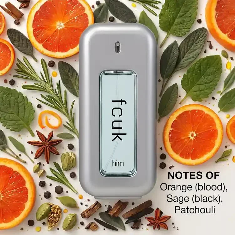 fcuk Him Eau de Toilette 100ml fragrance bottle with orange sage patchouli notes