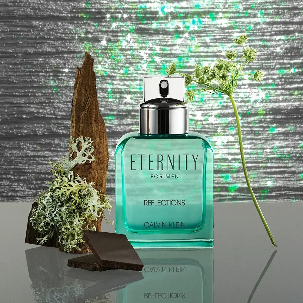 Calvin Klein Eternity for Men Reflections fragrance bottle with wood, moss, chocolate, and flower