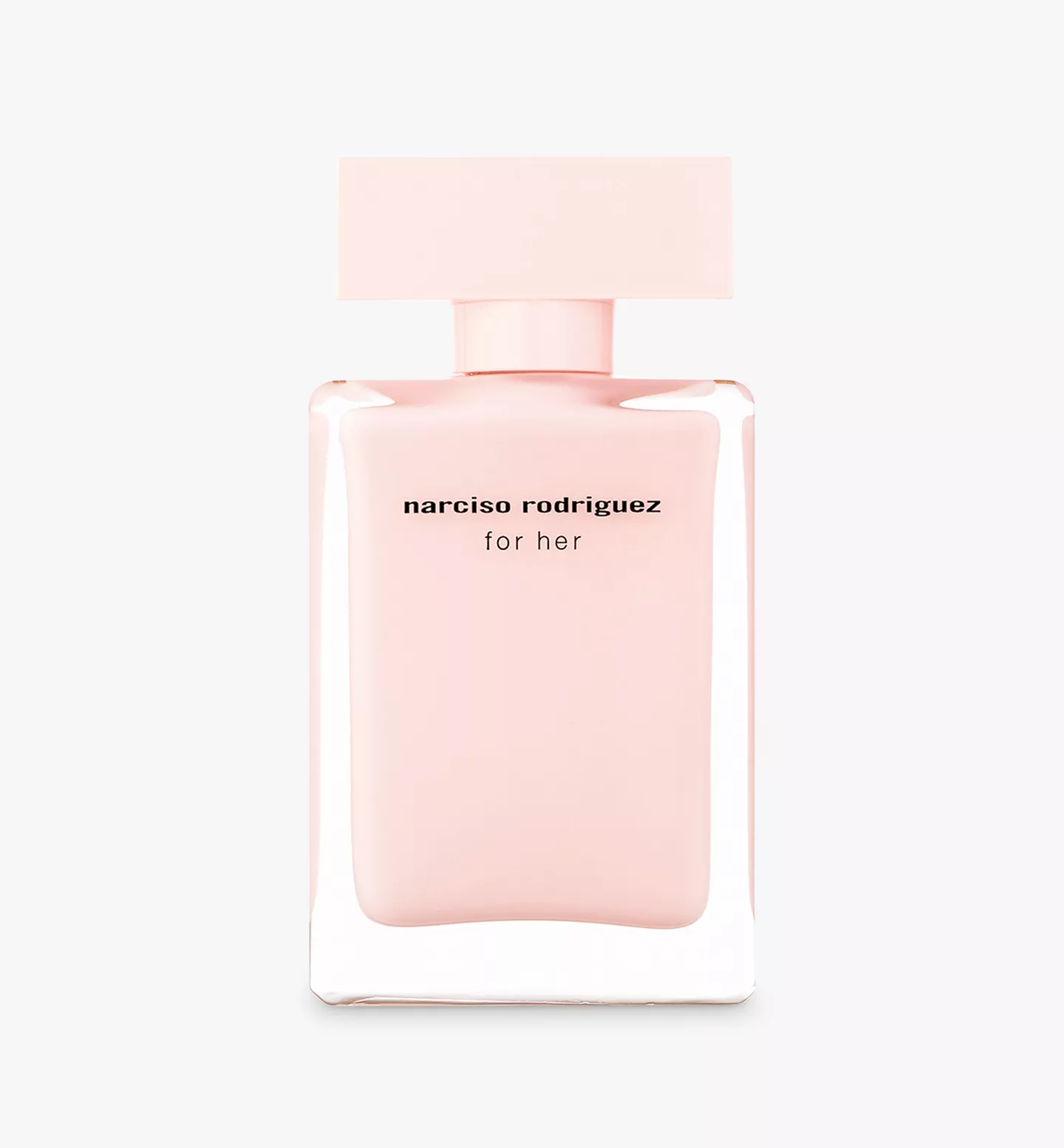 Narciso Rodriguez For Her perfume bottle in a soft pastel pink color, featuring a minimalist rectangular cap and black text on the front, set against a clean white background.