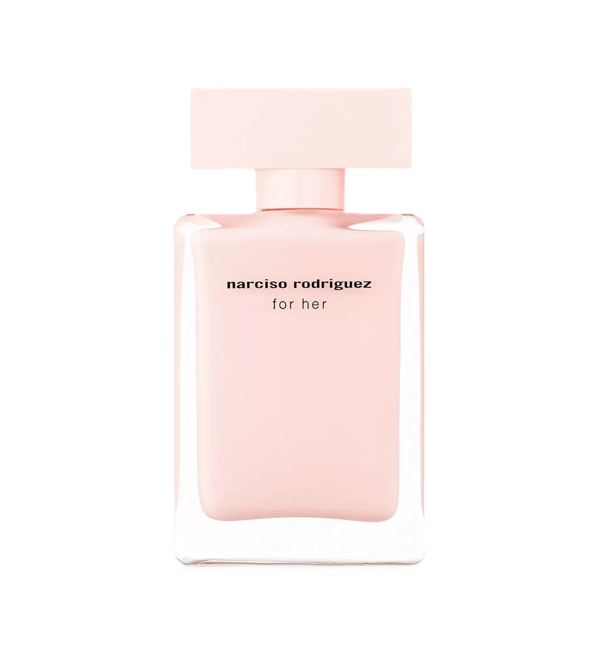 Narciso Rodriguez For Her perfume bottle in a soft pastel pink color, featuring a rectangular glass body and a matching flat cap, centered on a solid white background.