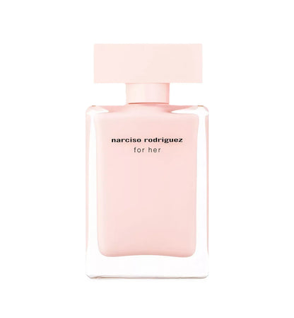 Narciso Rodriguez For Her perfume bottle in a soft pastel pink color, featuring a rectangular glass body and a matching flat cap, centered on a solid white background.