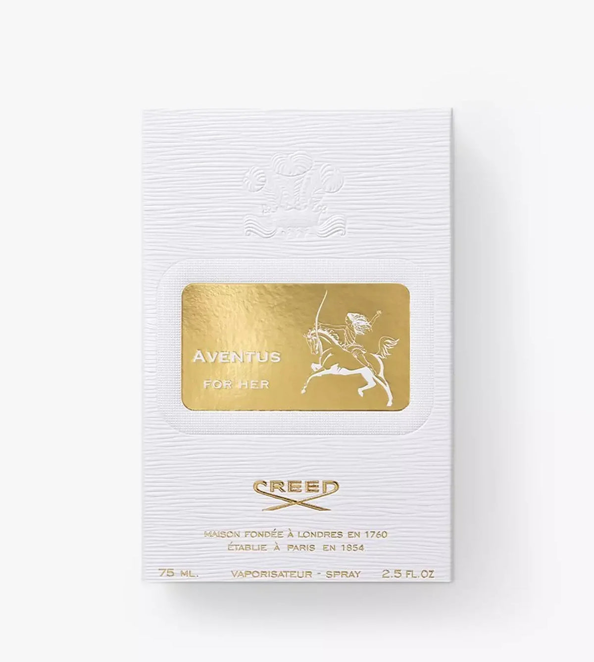 A white Creed Aventus For Her perfume box with a prominent gold foil label in the center and gold branding text below, photographed on a clean white background.