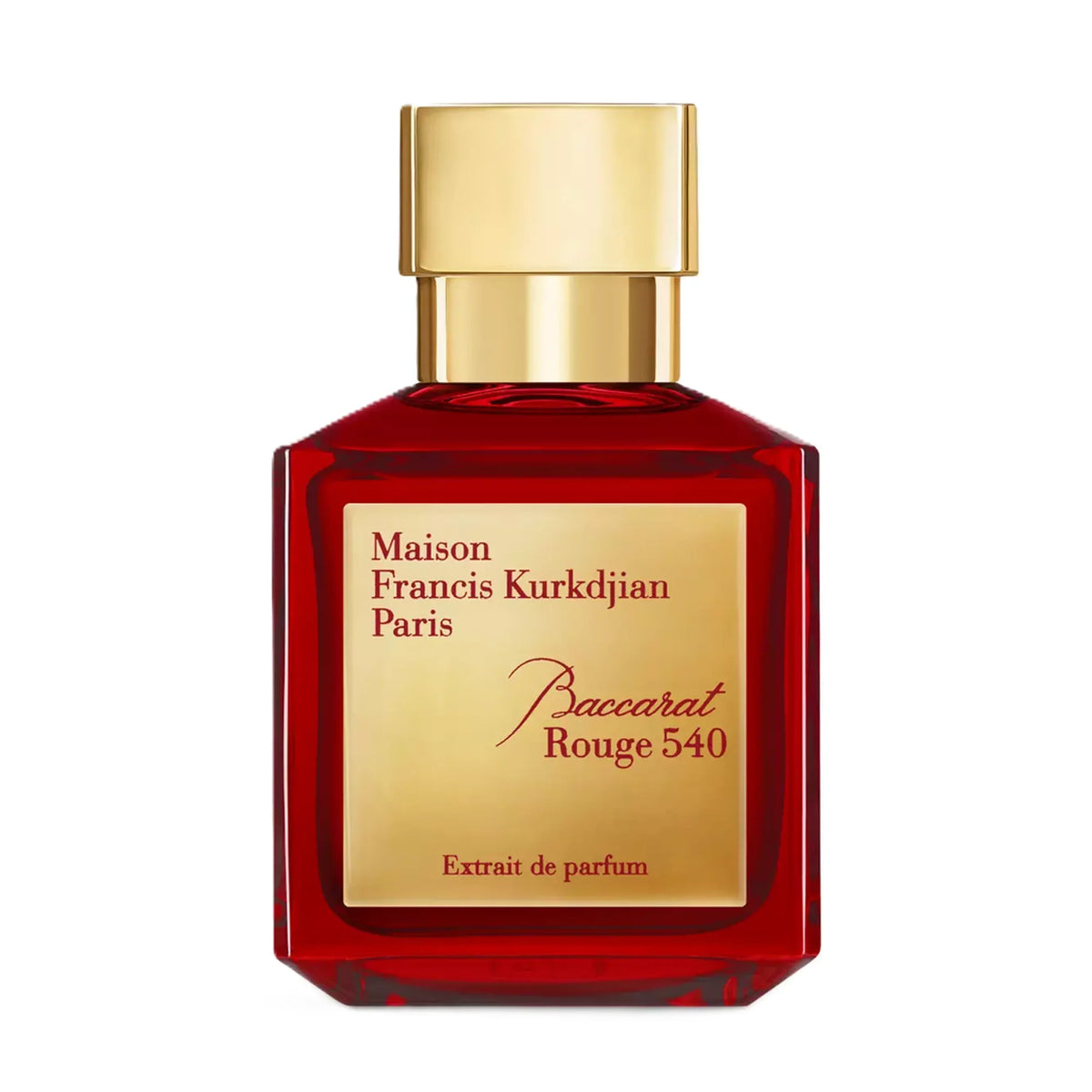 Maison Francis Kurkdjian Paris Paccarat Rouge 540 Extrait de Parfum in a square dark red glass bottle with a gold cap and a gold label.