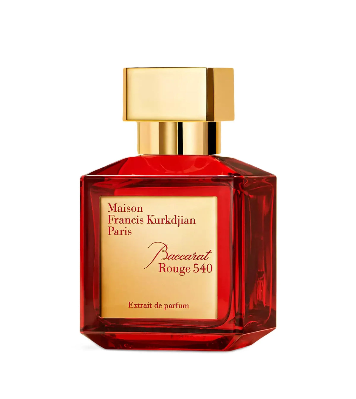 Maison Francis Kurkdjian Paris Paccarat Rouge 540 Extrait de Parfum in a red glass bottle with a gold cap and gold label.