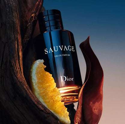 Dior Sauvage Eau de Parfum bottle in a dark glossy finish, styled with a citrus slice and a brown leaf against a blue gradient background.