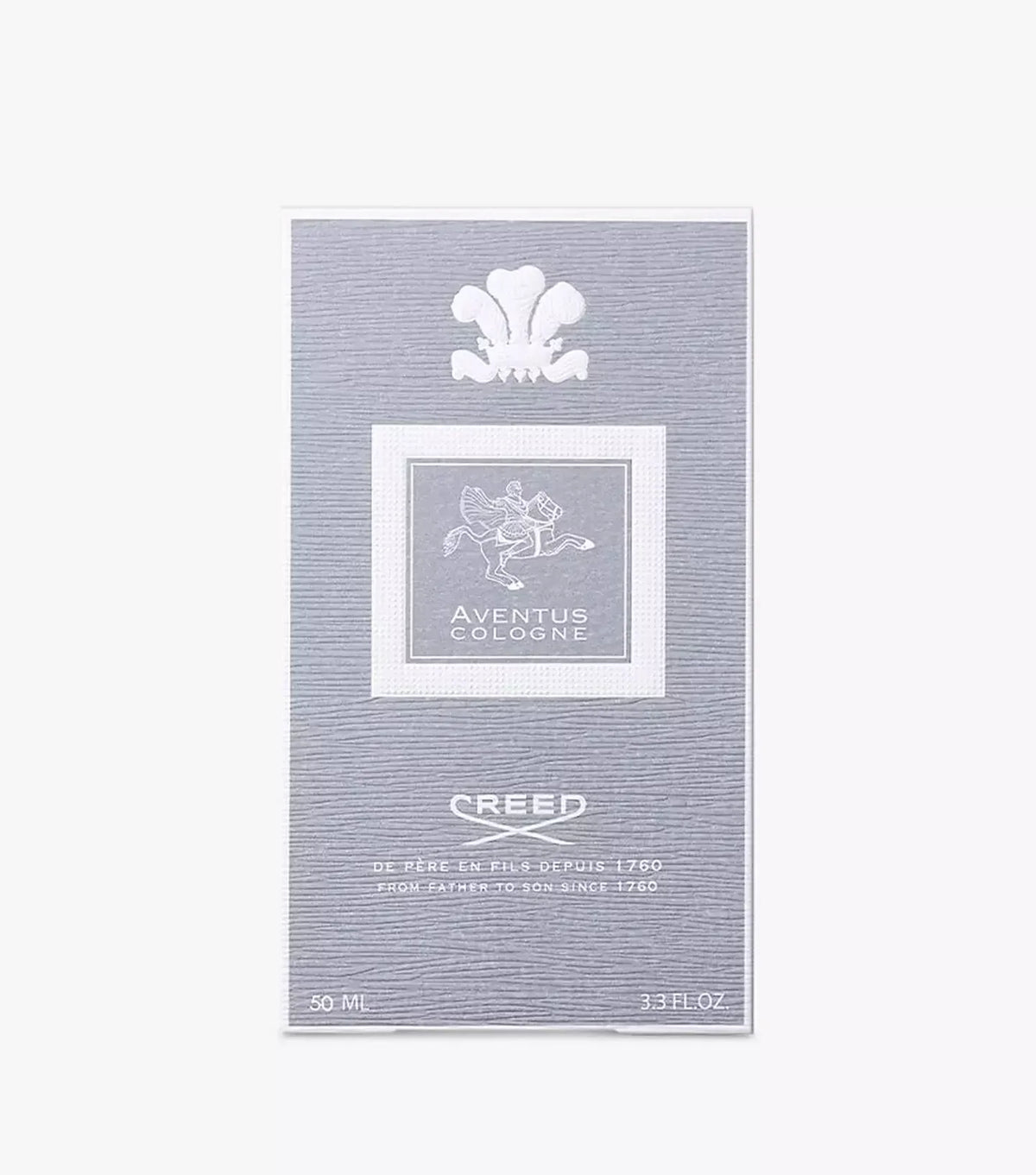 A Creed Aventus Cologne 50ml box packaging, featuring a textured light gray background with white printed details, including the iconic winged crest and the brand name 'Creed'. 50ml