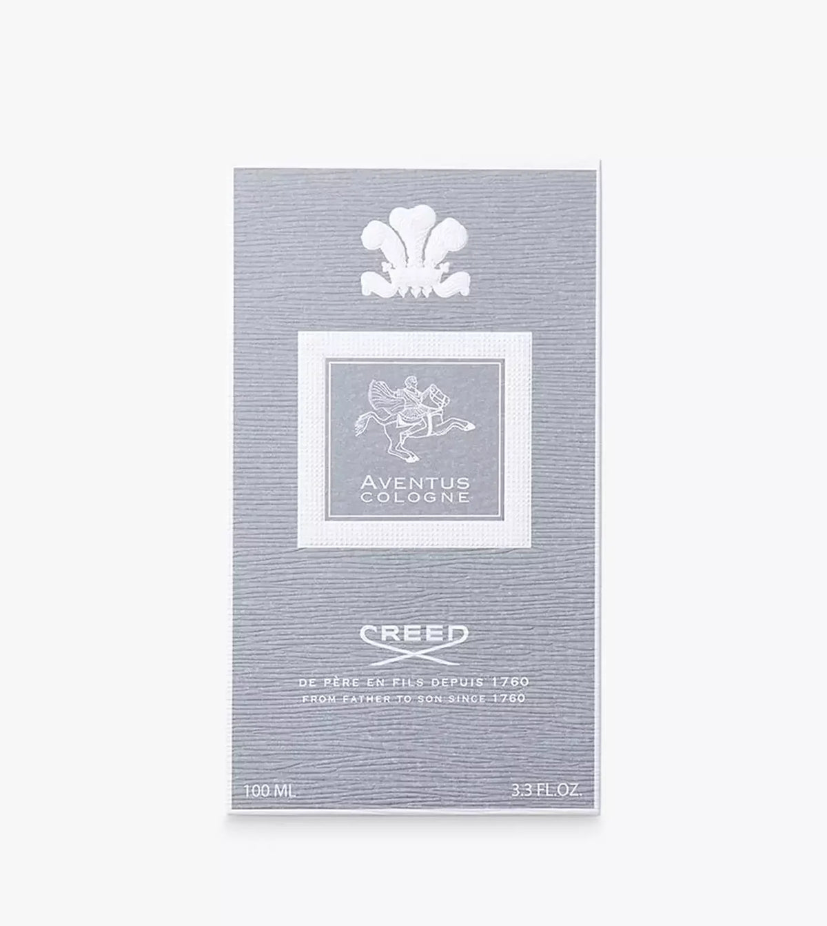 Creed Aventus Cologne 100ml (3.3 fl oz) retail packaging card, featuring a textured silver-gray background with white printed details, the Aventus logo, and the Creed brand name.
