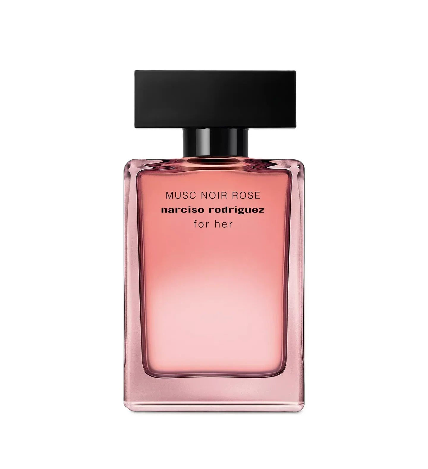 Narciso Rodriguez Musc Noir Rose for her perfume bottle, featuring a pink gradient glass bottle with a matte black cap, centered on a white background.