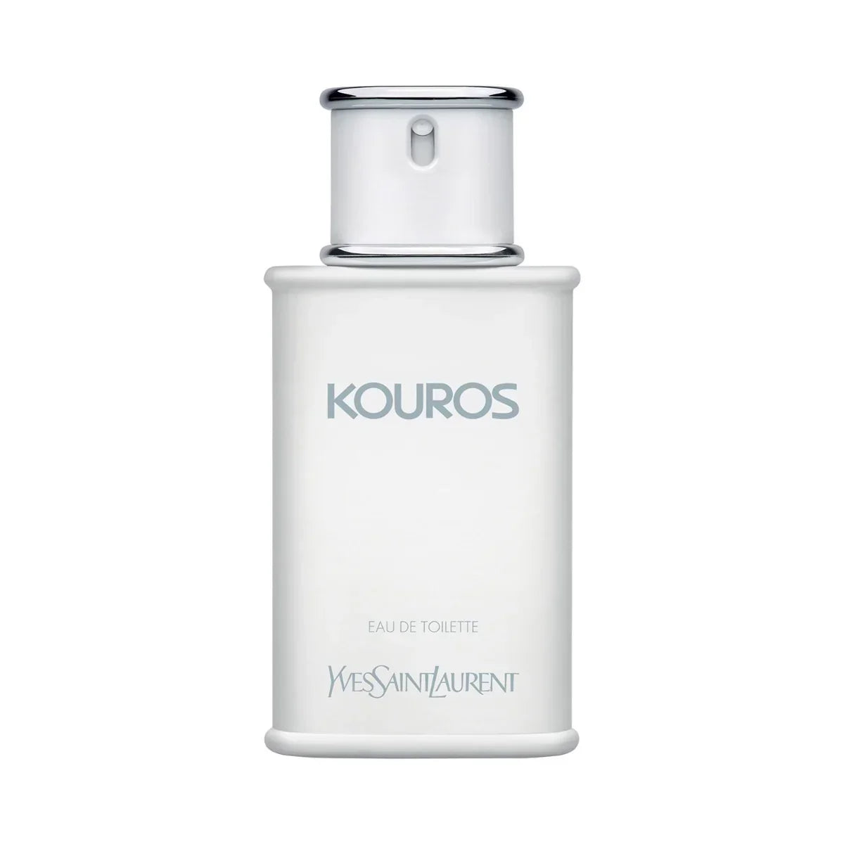 Yves Saint Laurent Kouros Eau de Toilette bottle, featuring a matte white rectangular body with a silver metallic pump dispenser cap, set against a plain white background.