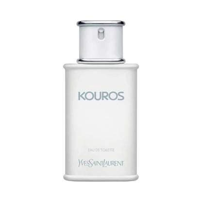 Yves Saint Laurent Kouros Eau de Toilette bottle, featuring a matte white rectangular body with a silver metallic pump dispenser cap, set against a plain white background.