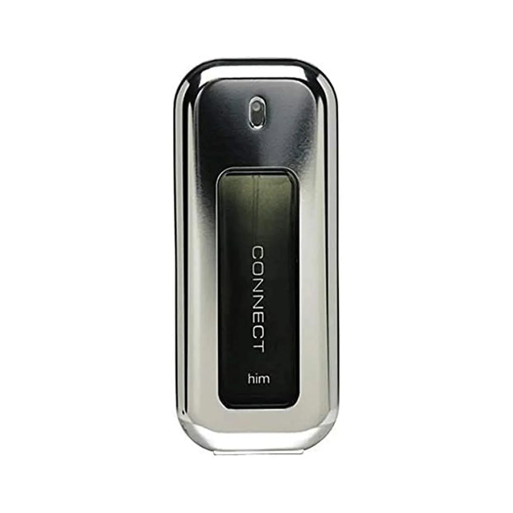Connect Him fragrance bottle with chrome finish and black label, 100ml Eau de Toilette
