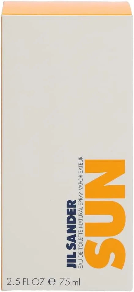 Jil Sander Sun Eau de Toilette Natural Spray in a 75ml (2.5 fl oz) white rectangular box with orange and navy blue text.